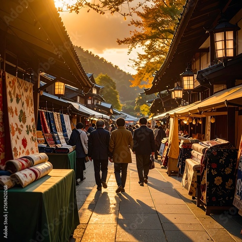 People walking through a traditional Japanese market street at sunset.