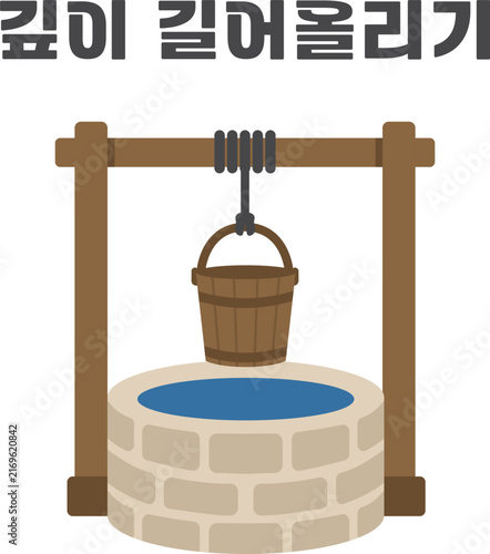 Stone Well With Wooden Bucket And Korean Text Meaning Draw Up From The Depths