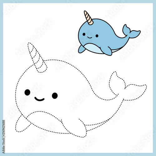 Cute Narwhal Coloring Page for Kids. Trace and Color Narwhal.