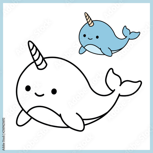 Cute Narwhal Coloring Page for Kids. Fun Ocean Animal Coloring Page Cute Narwhal Fun.