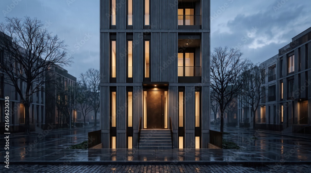 Fototapeta premium Tall modern townhouse on rainy urban residential street