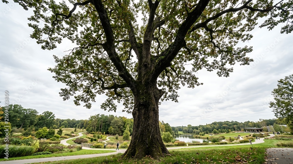 Obraz premium Majestic ancient oak tree with sprawling branches in a lush green park landscape.