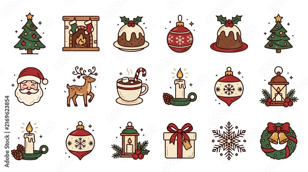 Fototapeta premium Colorful Christmas Icons and Holiday Symbols Collection.