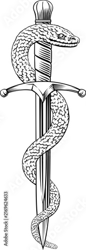 фотографія A dagger knife with snake wrapped around it in a vintage woodcut engraved etchin