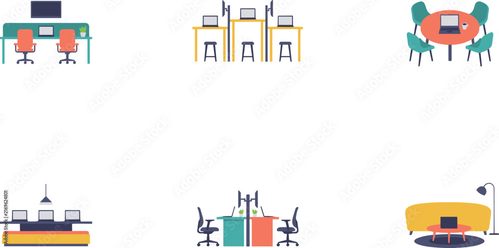 Obraz premium Modern office furniture and desk sets flat style for workspace floor plans