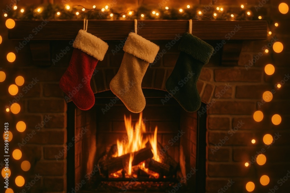 Naklejka premium Cozy festive fireplace background