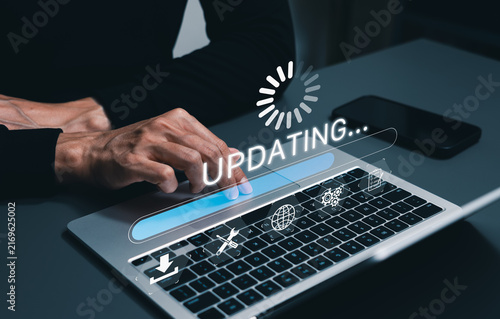 Obraz na płótnie Update software application upgrade technology concept. Software update or Operating system, patch update, updating progress bar, Install app patch, new version, Improved security, program downloading