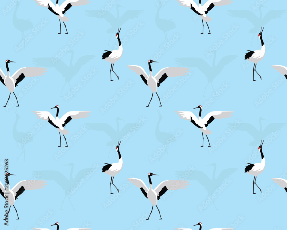 Naklejka premium Red-Crowned Crane Bird Dancing Seamless Pattern Background Wallpaper