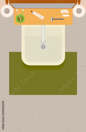Bathroom sink top view vector illustration. Morning routine concept with washbasin, toothbrush, toothpaste, razor and bath mat in flat style.