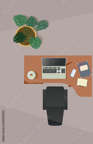 Home office workplace top view vector illustration. Flat design workspace with laptop, coffee cup, smartphone, notebooks and monstera plant.