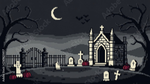 Pixel Art Halloween Graveyard With Mausoleum Tombstones And Pumpkins, Spooky Cemetery Pixel Art With Tombstones Pumpkins And Crescent Moon