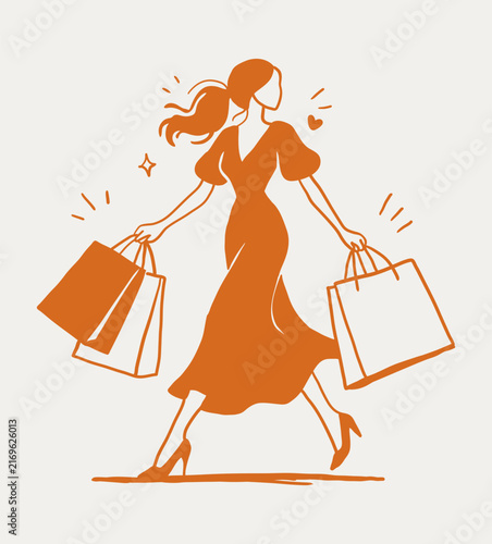 Hand Drawn Fashionable Woman Shopping with Bags Illustration