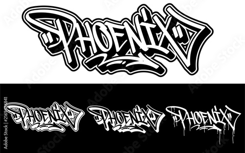 Graffiti tagging font style Phoenix text logo in monochrome design