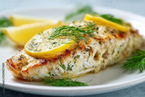 Roasted seabass fish fillet with golden crust and lemon wheel close up. Clean graphic asset for frozen seafood packaging template, weight loss program website, gastronomy article or cafe menu