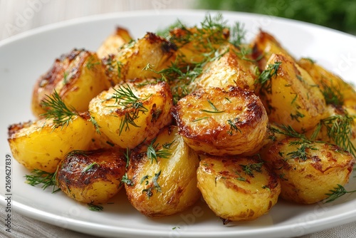 Crispy roasted baby potatoes garnished with fresh dill on white plate. Great choice for rustic restaurant menu design, vegan recipe blog banner or family dinner cookbook illustration