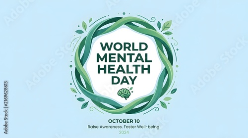World mental health day concept illustration with a circular frame of green leaves and hands protecting a human brain icon