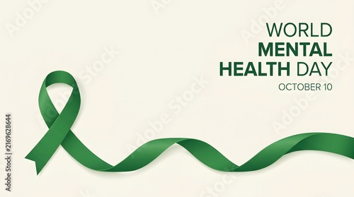 A green awareness ribbon isolated on a light background representing support for world mental health day awareness campaign