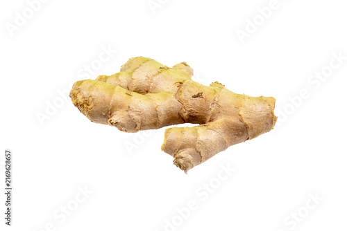 Obraz na plátně Fresh ginger root rhizome with tan, knobby skin and textured surface, isolated o