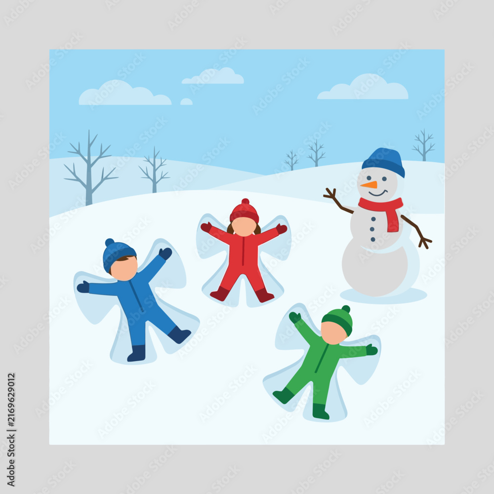 Naklejka premium Flat vector illustration of three children in winter gear making snow angels outdoors beside a smiling snowman with a red scarf and blue hat on a bright, snowy winter day.