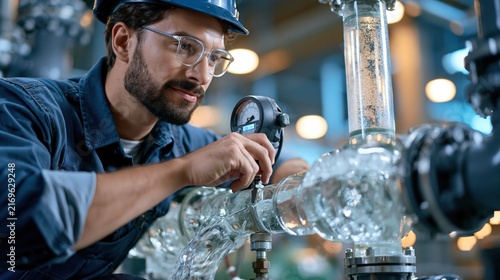 A closed-loop water filtration system inside a critical minerals plant, clear treated water flowing through transparent pipes, technician checking a digital flow meter