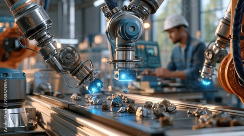 An automated critical minerals sorting facility, robotic arms separating ore fragments on a conveyor belt, sensor-based optical scanners glowing blue, worker in hard hat monitoring control panel 