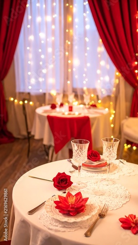 Romantic Valentine Day Dinner Setting with Roses and Fairy Lights.