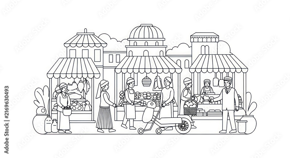 Fototapeta premium Diverse People Shopping at Bustling Outdoor Market with Stalls and Scooter, Hand-drawn Line Art Illustration