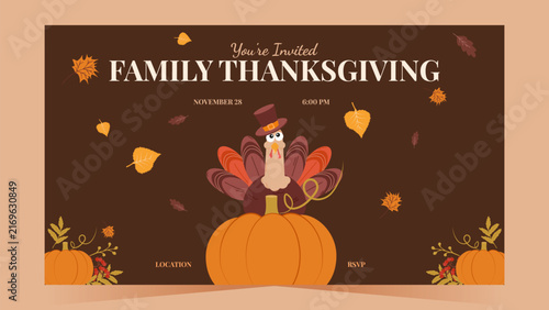 Cute turkey with pumpkins and autumn wreath for a Thanksgiving dinner invitation. Ideal for greeting cards, party events and print design, vector illustration.