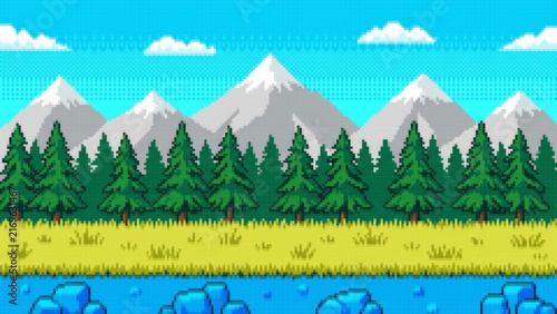 Pixel Art Landscape with Snowy Mountains and Forest, Snowy Mountain Pixel Art Landscape with Winter Forest and Peaceful Nature Scene