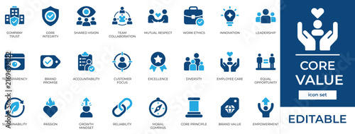 Core value icon set featuring leadership responsibility, innovation quality, teamwork efficiency, and goal integrity symbols.
