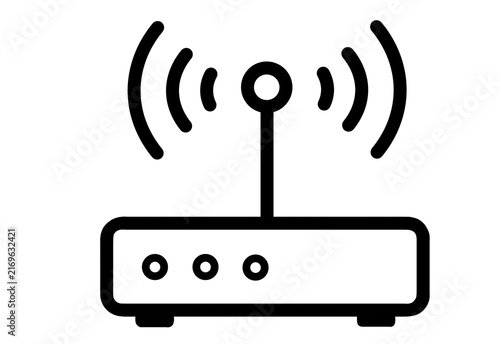 Black outline wifi router with antenna icon transparent background
