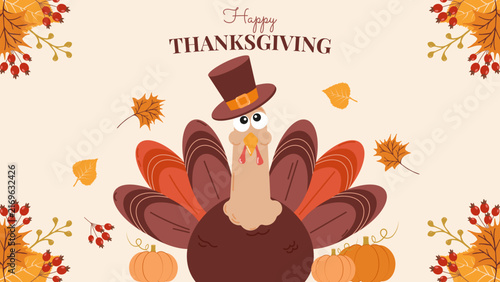 Cute turkey autumn leaves and wreath Thanksgiving invitation template. for greeting card party invite print and web design, vector illustration.