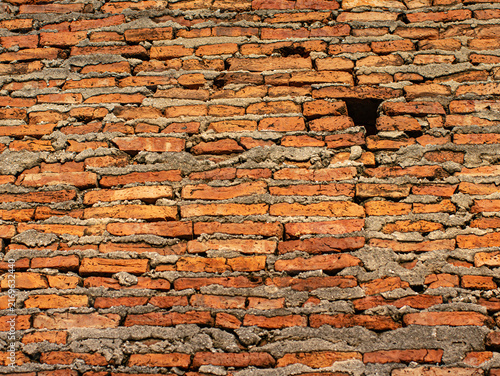 Weathered Red Brick Wall with Uneven Mortar Texture, Rustic Old Masonry Background