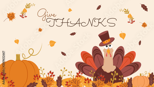 Cute turkey autumn leaves and wreath Thanksgiving invitation template. for greeting card party invite print and web design, vector illustration.