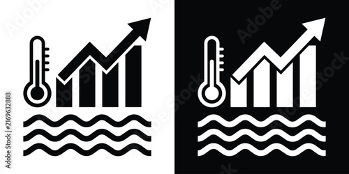 Vector icon set depicting a thermometer, rising bar graph, and sea waves, representing global warming, sea-level rise, climate change metrics, and environmental statistics.
