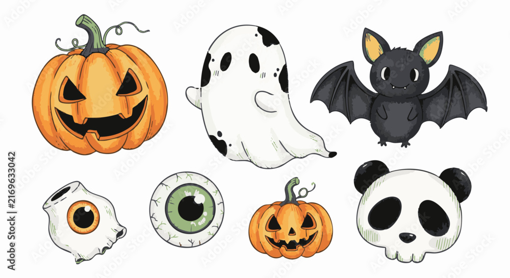 Obraz premium Halloween set with jack-o'-lantern pumpkins, spotted ghost, cute bat, eyeballs, and a panda-faced skull