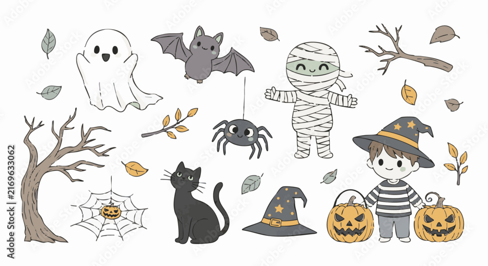 Obraz premium Cute halloween set with ghost, mummy, witch boy, black cat, bat, spider, jack-o'-lanterns, and bare trees on white background