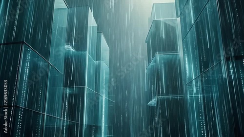 Futuristic Glass Skyscrapers Rising Through Misty Rain in Teal Urban Cityscape