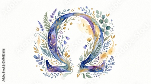 Watercolor Omega symbol decorated with delicate botanical flowers and green leaves illustration