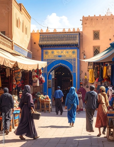 People walking through a vibrant market street in Marrakesh Morocco.