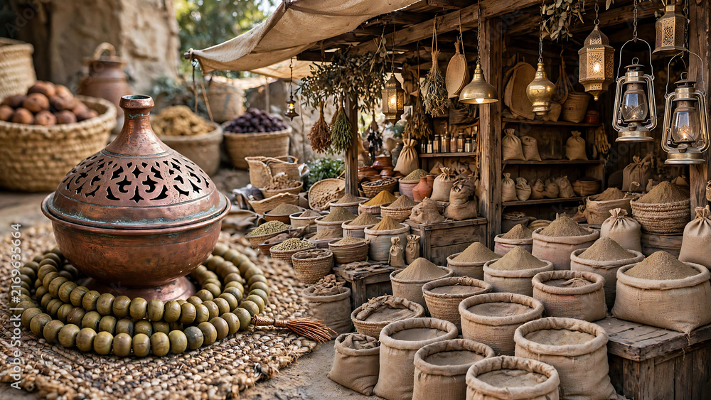 Fototapeta premium Traditional Middle Eastern Souk Market with Aromatic Spices and Handcrafted Copper Tagine Pots