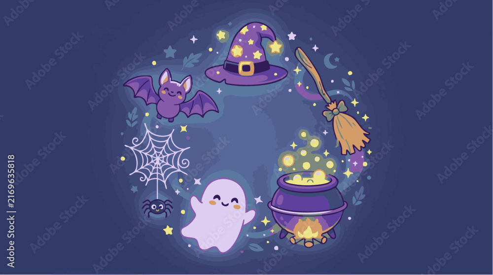 Naklejka premium Cartoon halloween wreath with cute ghost, witch hat, cauldron, bat, spider web, and broomstick on a dark purple background