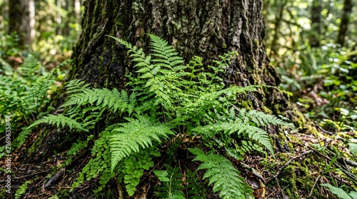 Lush green ferns grow around the base of a large tree trunk in a forest.