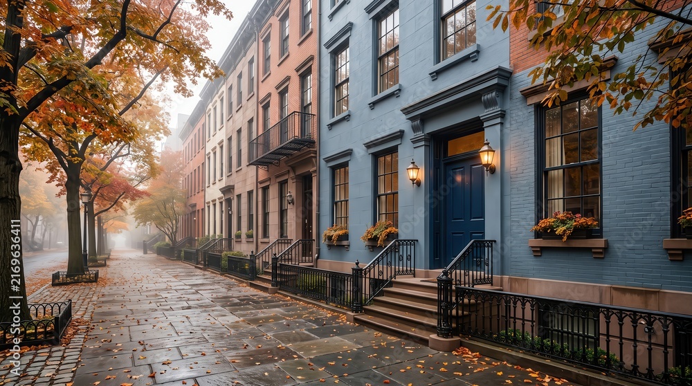 Fototapeta premium Blue painted row houses on autumn street with lit lanterns