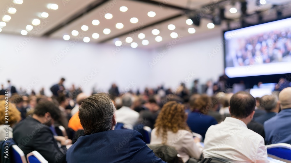 Fototapeta premium People attending a conference at a large venue with a screen displaying content