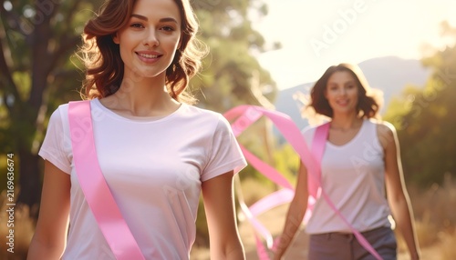 Women wearing pink ribbons walking for breast cancer awareness