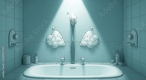Whimsical Bathroom Scene Featuring Giant Toothbrush Amidst Soap Suds