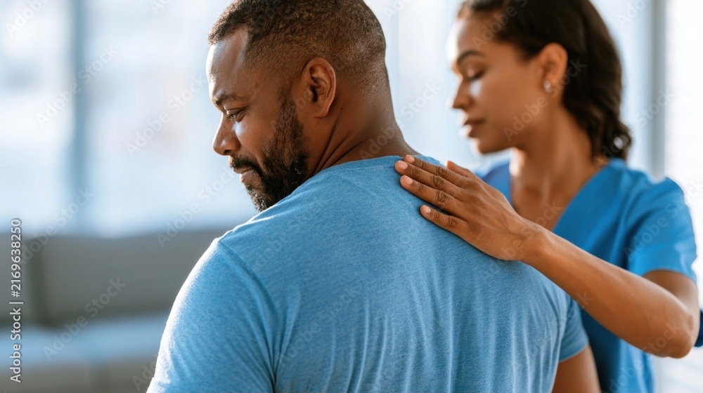 Fototapeta premium Physical therapist examining a man's shoulder in a bright clinic
