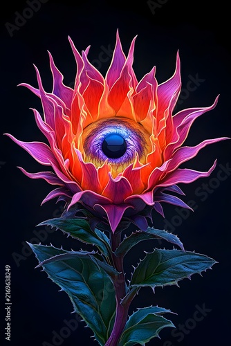 Surreal fantasy flower with blue eye and vibrant pink orange petals on dark background