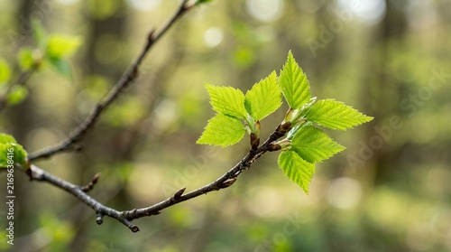 New Spring Leaves Emerging on a Tree Branch in Soft Sunlight.